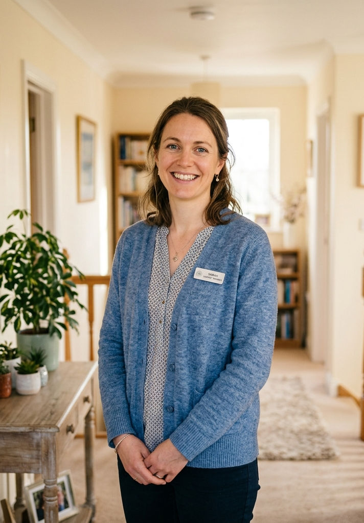 Friendly Heartwell support worker smiling in a hallway